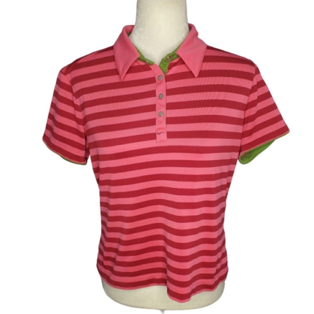 NIKE golf polo shirt fit dry pink striped collared button‎ top M